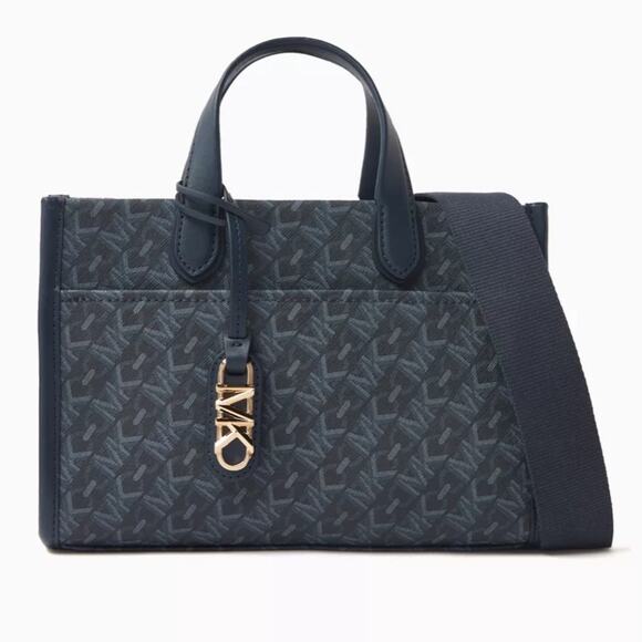 Michael Kors NWT Gigi Empire Signature Logo Small Tote Messenger Bag Purse Blue - Picture 1 of 10